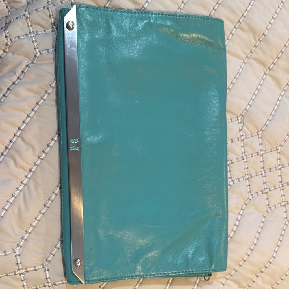 Blue and Silver Halston Heritage clutch  with Glossy Finish and Elegant Design